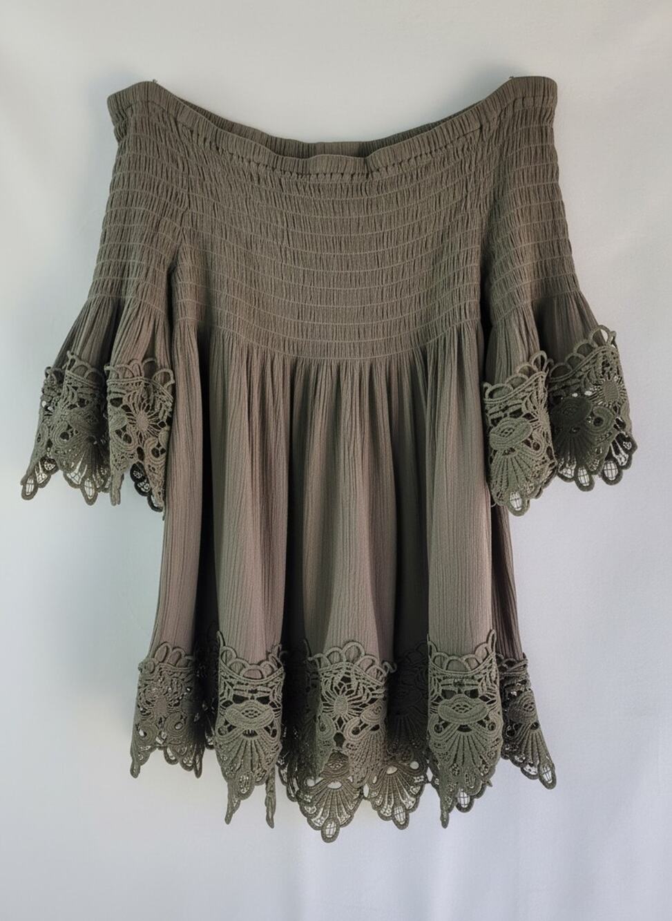 Boho RUE 21 Green Off-the-Shoulder Lace Trim Fairycore 3/4 Sleeve Top Size XL
